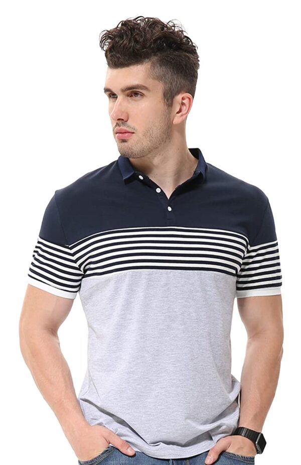 Mens Cotton Half Sleeve Striped Polo T Shirt with Collar