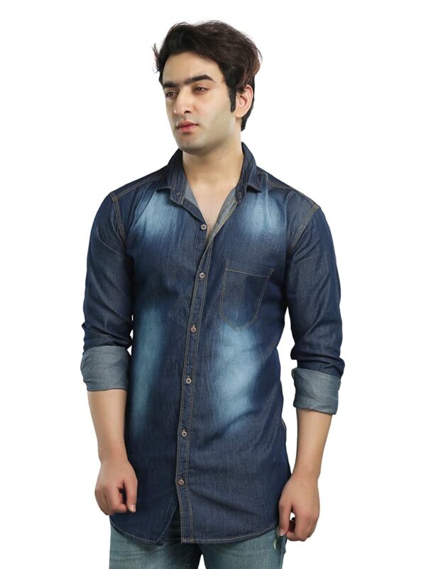 Brinley Men's Regular Fit Full Sleeve Casual Denim Shirt-Light - Dark Blue