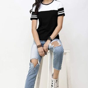 Zikrak Half Sleeves Round Neck Striped Cotton T-Shirt for Women & Girls