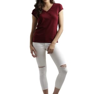 Miss Chase Women’s Maroon Super Soft V-Neck Short Sleeves Cotton Solid Regular Fit T-Shirt